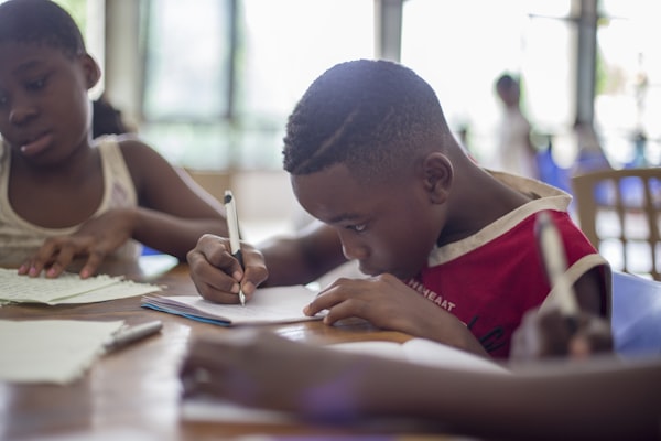 Students with educational materials